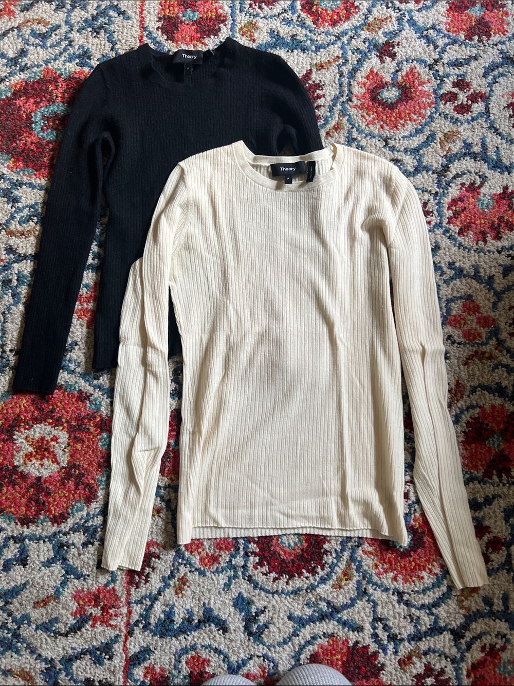 Theory Ribbed Crewneck Sweaters in Black & Cream (Set of 2)